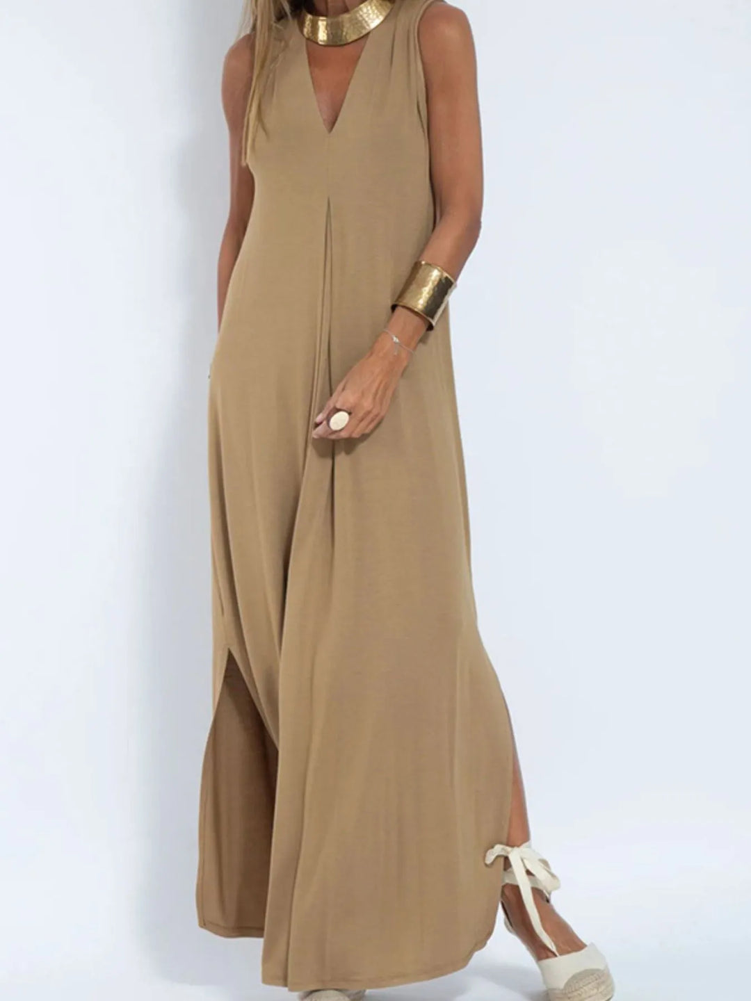 Vestido Maxi Sin Mangas de Cuello en V de Talla Grande