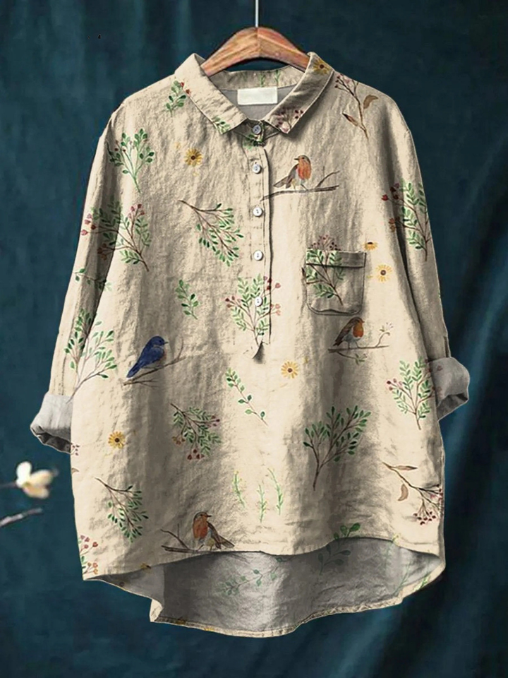 Lorelai | Camisa Casual de Mujer con Estampado de Ramas y Pájaros Robin