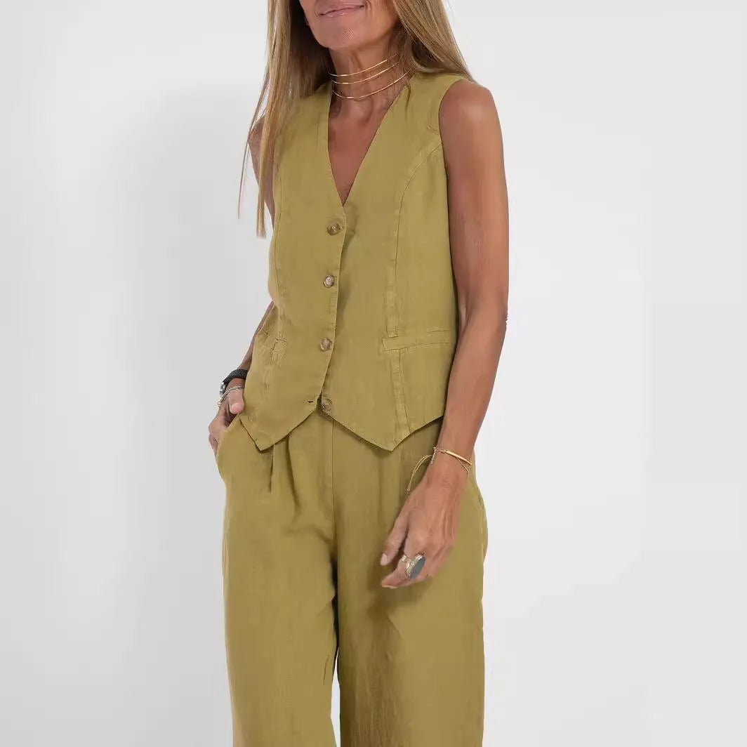 Abril | Conjunto de Chaleco a Medida y Pantalones de Pierna Ancha de Algodón