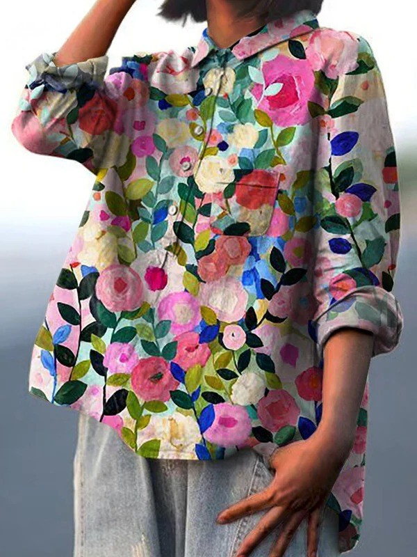 Delia | Camisa Casual de Mujer Impresa con Jardín Floral Colorido de Primavera