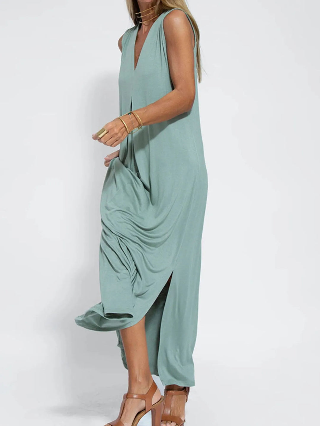 Vestido Maxi Sin Mangas de Cuello en V de Talla Grande