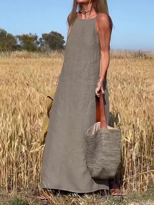 Vestido largo de algodón y lino para mujer, casual