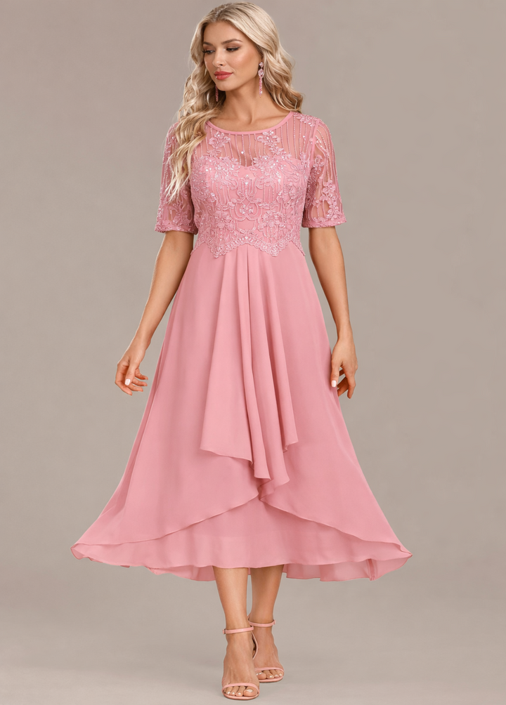 Sophie | Vestido midi de encaje marino con manga corta y cuello redondo