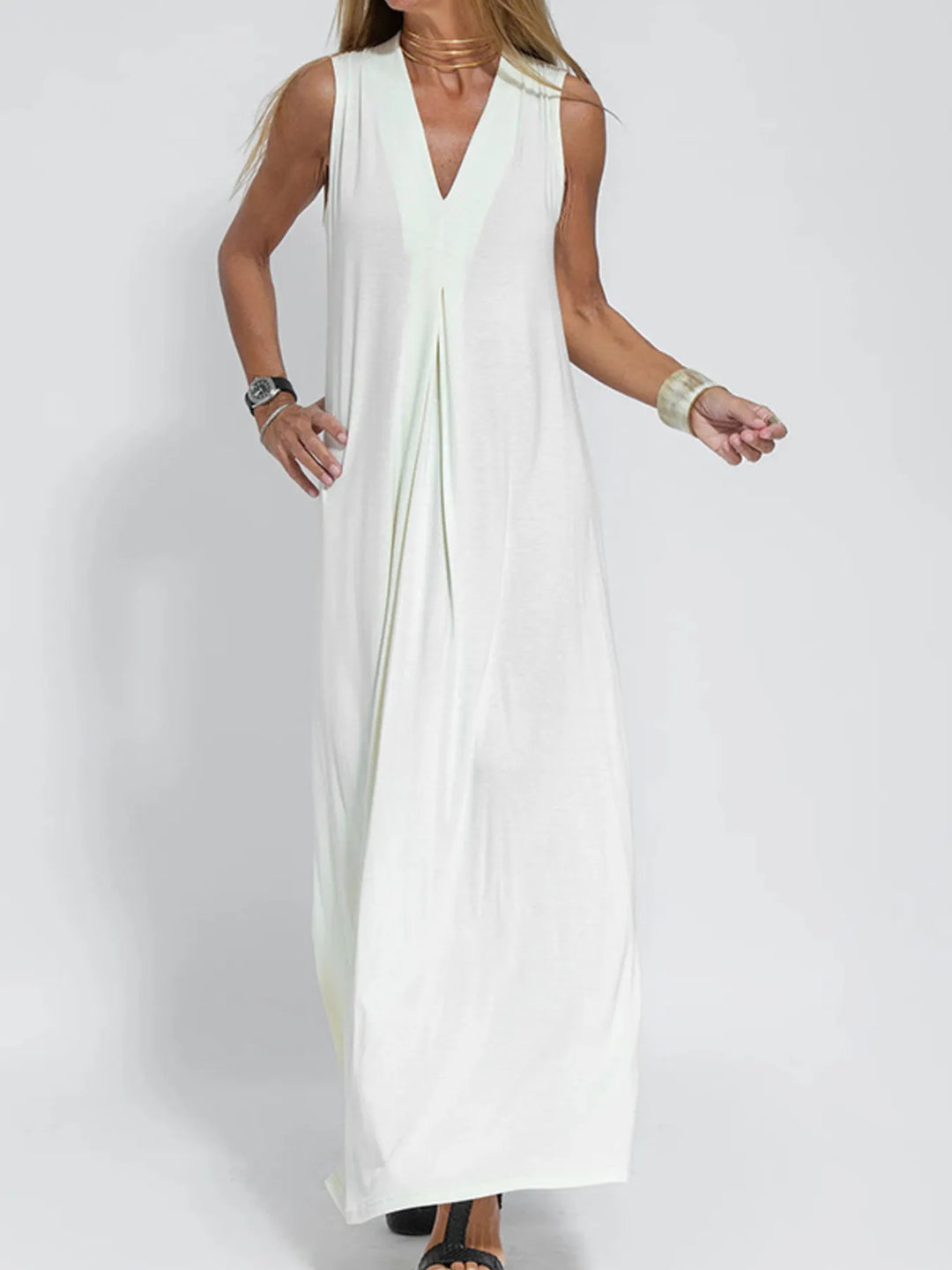 Vestido Maxi Sin Mangas de Cuello en V de Talla Grande