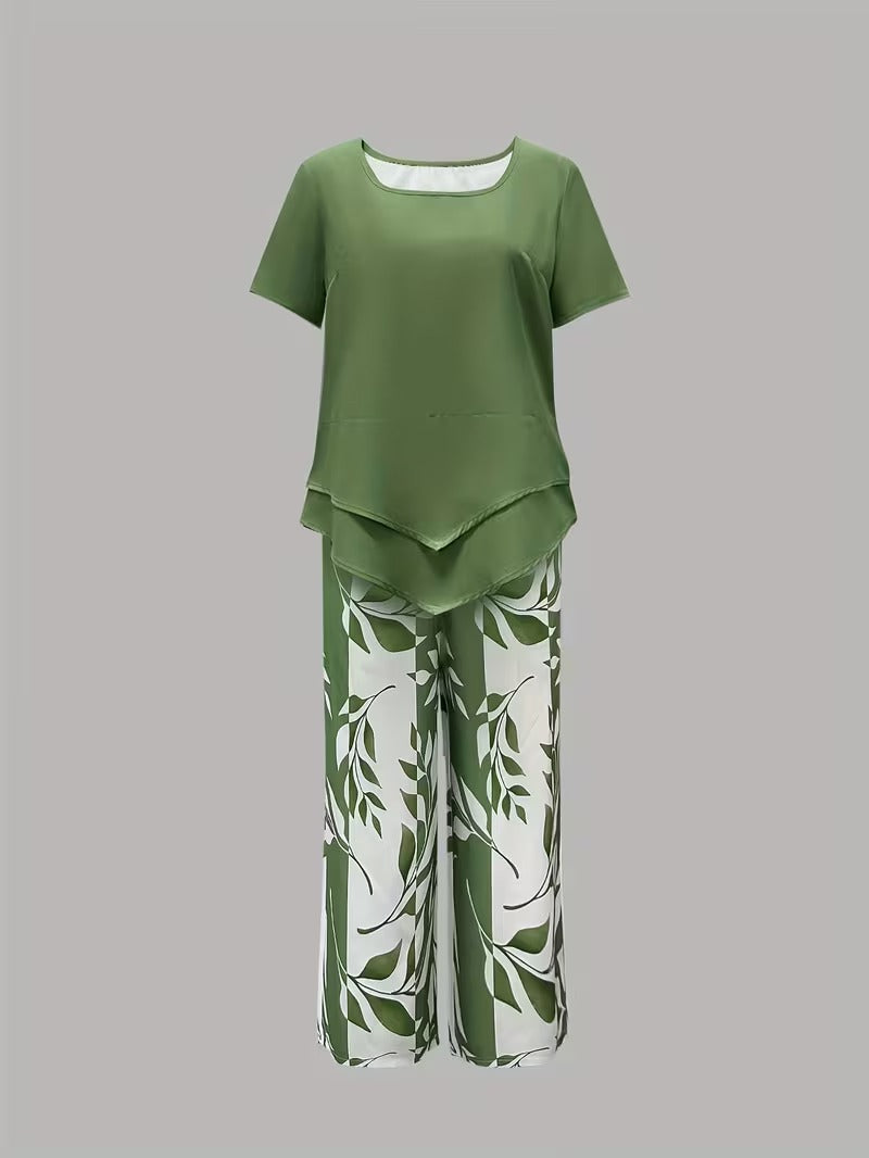 Arvessa | Conjunto de Dos Piezas con Estampado de Hojas Casual