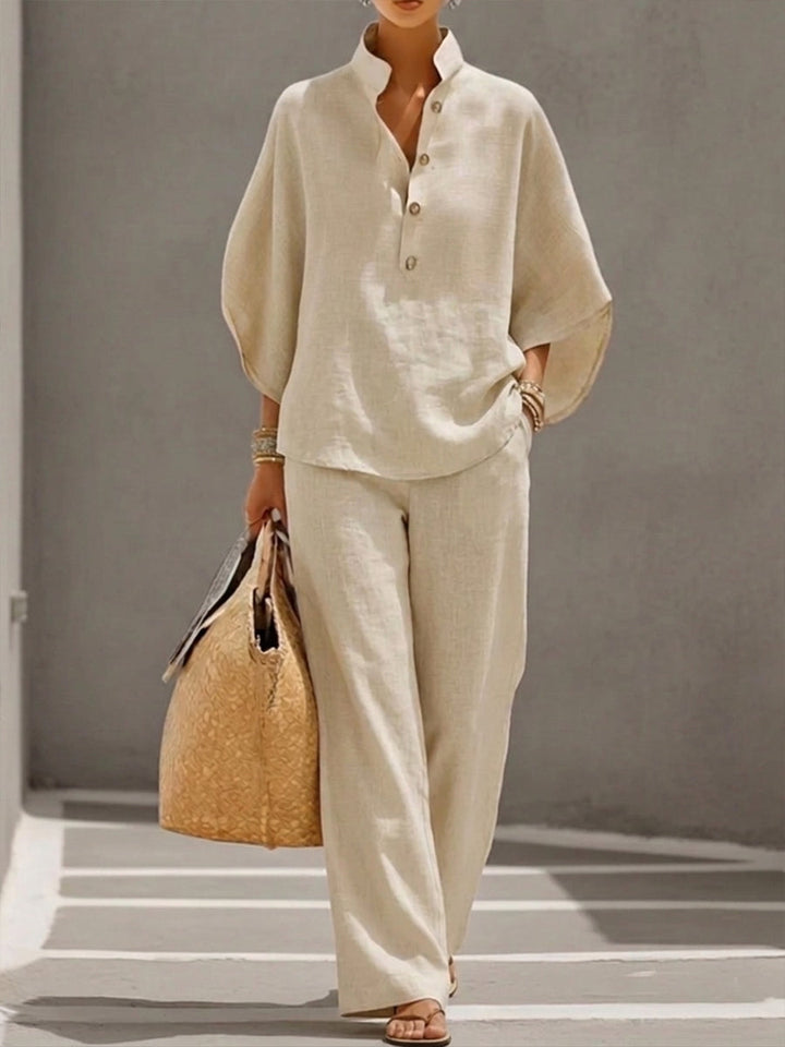 Mariel | Conjunto de Algodón y Lino con Mangas Murciélago y Pantalón Amplio