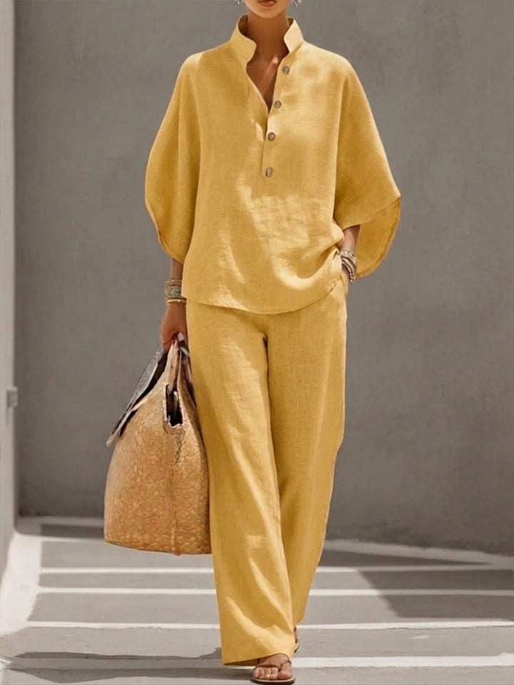 Mariel | Conjunto de Algodón y Lino con Mangas Murciélago y Pantalón Amplio